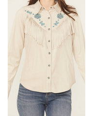 Women's Embellished Faux Suede Long Sleeve Fringe Top