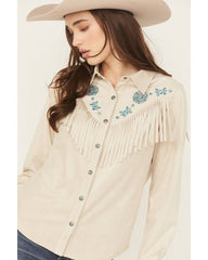 Women's Embellished Faux Suede Long Sleeve Fringe Top