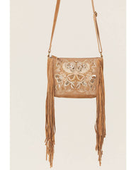 Women's Light Brown Velvet Embroidered Crossbody Bag