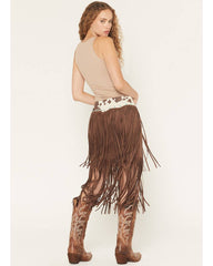 Women's Raven Cow Print Faux Suede Fringe Mini Skirt