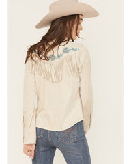 Women's Embellished Faux Suede Long Sleeve Fringe Top
