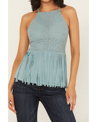 Women's Stretch Lace Halter Fringe Tank