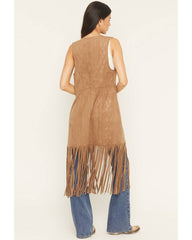 Women's Embossed Southwestern Print Fringe Faux Suede Vest