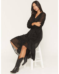 Women's Josephine Faux Button-Down Long Sleeve Lurex Midi Dress