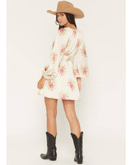 Women's Floral Print Long Sleeve Satin Mini Dress