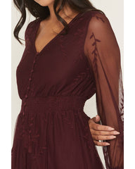 Women's Hillside Floral Embroidered Long Sleeve Button-Down Mesh Midi Dress