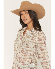 Women's Mckean Desert Print Long Sleeve Fringe Button-Down Chiffon Western Shirt
