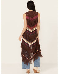Women's Long Striped Crochet Fringe Sweater Vest