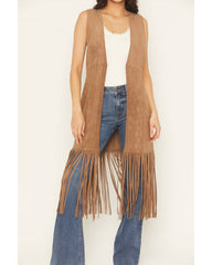 Women's Embossed Southwestern Print Fringe Faux Suede Vest