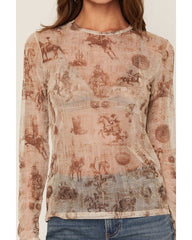 Women's Oakvalley Western Print Long Sleeve Mesh Top