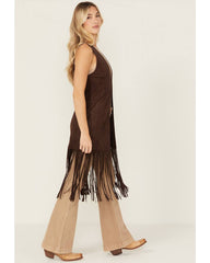 Women's Embossed Southwestern Print Fringe Faux Suede Vest