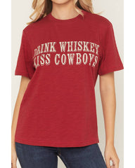 Women's Drink Whiskey Kiss Cowboys Short Sleeve Graphic Tee
