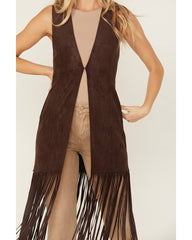 Women's Embossed Southwestern Print Fringe Faux Suede Vest