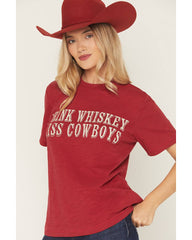 Women's Drink Whiskey Kiss Cowboys Short Sleeve Graphic Tee