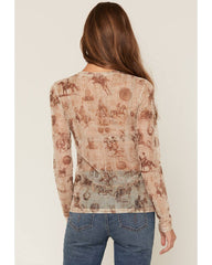 Women's Oakvalley Western Print Long Sleeve Mesh Top
