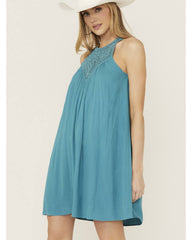 Women's Crochet Yoke Crinkle Mini Dress