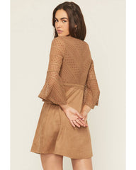 Women's Faux Suede Lace Bell Sleeve Mini Dress