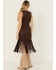 Women's Embossed Southwestern Print Fringe Faux Suede Vest
