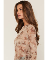 Women's Oakvalley Western Print Long Sleeve Mesh Top