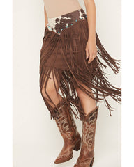 Women's Raven Cow Print Faux Suede Fringe Mini Skirt