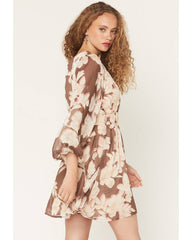 Women's Floral Long Sleeve Crinkle Mini Dress
