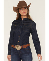 Women's Bella Dark Wash Denim Long Sleeve Button-Down Stretch Western Shirt