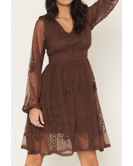 Women's Embroidered Mesh Long Sleeve Button Front Mini Dress