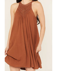 Women's Crochet Yoke Crinkle Mini Dress