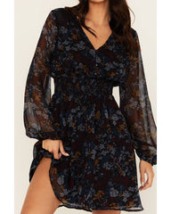 Women's Floral Print Long Sleeve Mini Dress