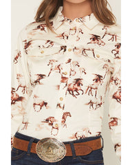 Women's Horse Print Long Sleeve Button-Down Stretch Western Shirt