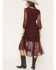 Women's Hillside Floral Embroidered Long Sleeve Button-Down Mesh Midi Dress