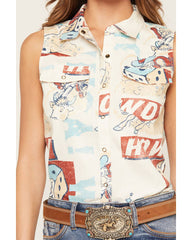 Women's Santa Clara Conversation Print Sleeveless Snap Western Shirt