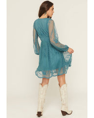 Women's Embroidered Mesh Long Sleeve Button Front Mini Dress