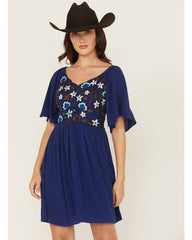 Women's Embroidered Crinkle Flutter Sleeve Mini Dress
