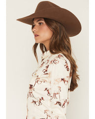 Women's Horse Print Long Sleeve Button-Down Stretch Western Shirt