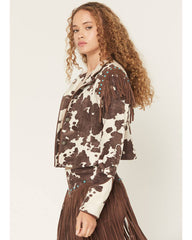 Women's Porter Cow Print Faux Suede Embellished Fringe Moto Jacket