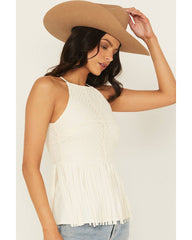 Women's Stretch Lace Halter Fringe Tank