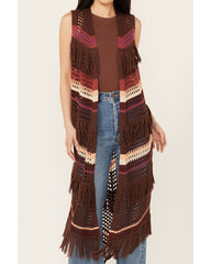 Women's Long Striped Crochet Fringe Sweater Vest