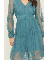 Women's Embroidered Mesh Long Sleeve Button Front Mini Dress