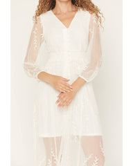 Women's Hillside Button Front Embroidered Mesh Midi Dress