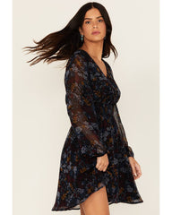 Women's Floral Print Long Sleeve Mini Dress