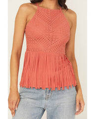 Women's Stretch Lace Halter Fringe Tank