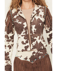 Women's Porter Cow Print Faux Suede Embellished Fringe Moto Jacket