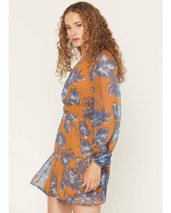 Women's Floral Print Long Sleeve Chiffon Mini Dress