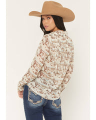 Women's Mckean Desert Print Long Sleeve Fringe Button-Down Chiffon Western Shirt