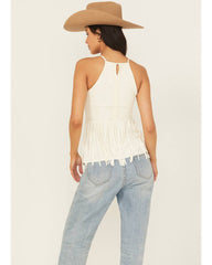 Women's Stretch Lace Halter Fringe Tank