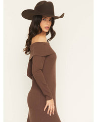 Women's Rib Knit Off The Shoulder Long Sleeve Asymmetrical Dress
