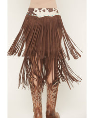 Women's Raven Cow Print Faux Suede Fringe Mini Skirt