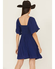 Women's Embroidered Crinkle Flutter Sleeve Mini Dress