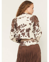 Women's Porter Cow Print Faux Suede Embellished Fringe Moto Jacket